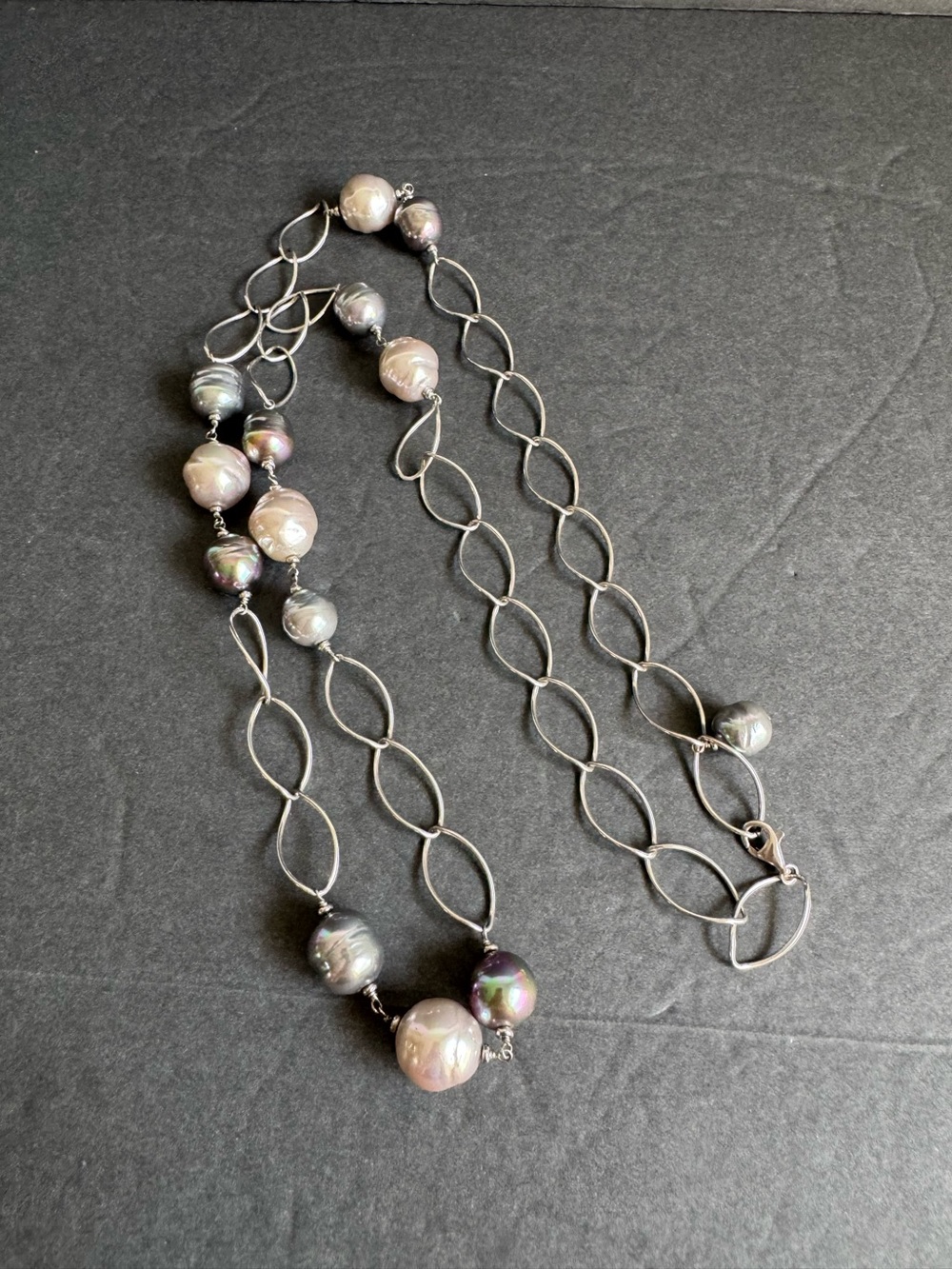 Sterling Silver Baroque Pearl Necklace Large Link Station Chain Old Money 925 - Picture 6 of 10